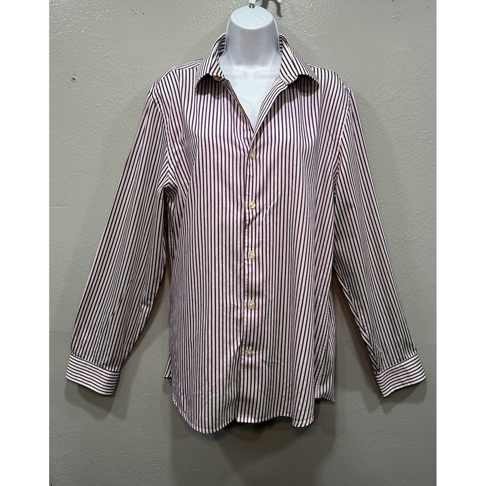 Express Shirt Womens Large White Purple Stripes Button Up Long Sleeve 100%Cotton
